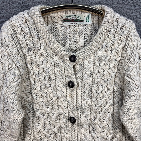 VTG ARAN CRAFTS Cardigan L 100% Wool Fisherman Honeycomb Button Up Beige Ireland - Picture 4 of 13